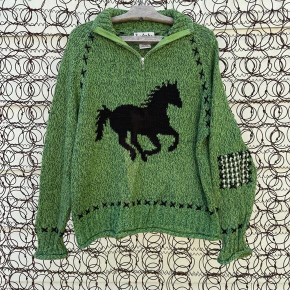 Vintage Timberlea Green Horse Print Sweater 1/4 Zip Equestrian Patchwork LARGE - Picture 1 of 8